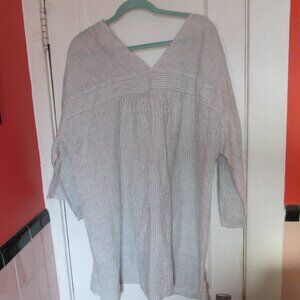 NWT XL Eileen Fisher Striped 100% Linen Tunic Top Vee V-Neck Handkerchief Beach